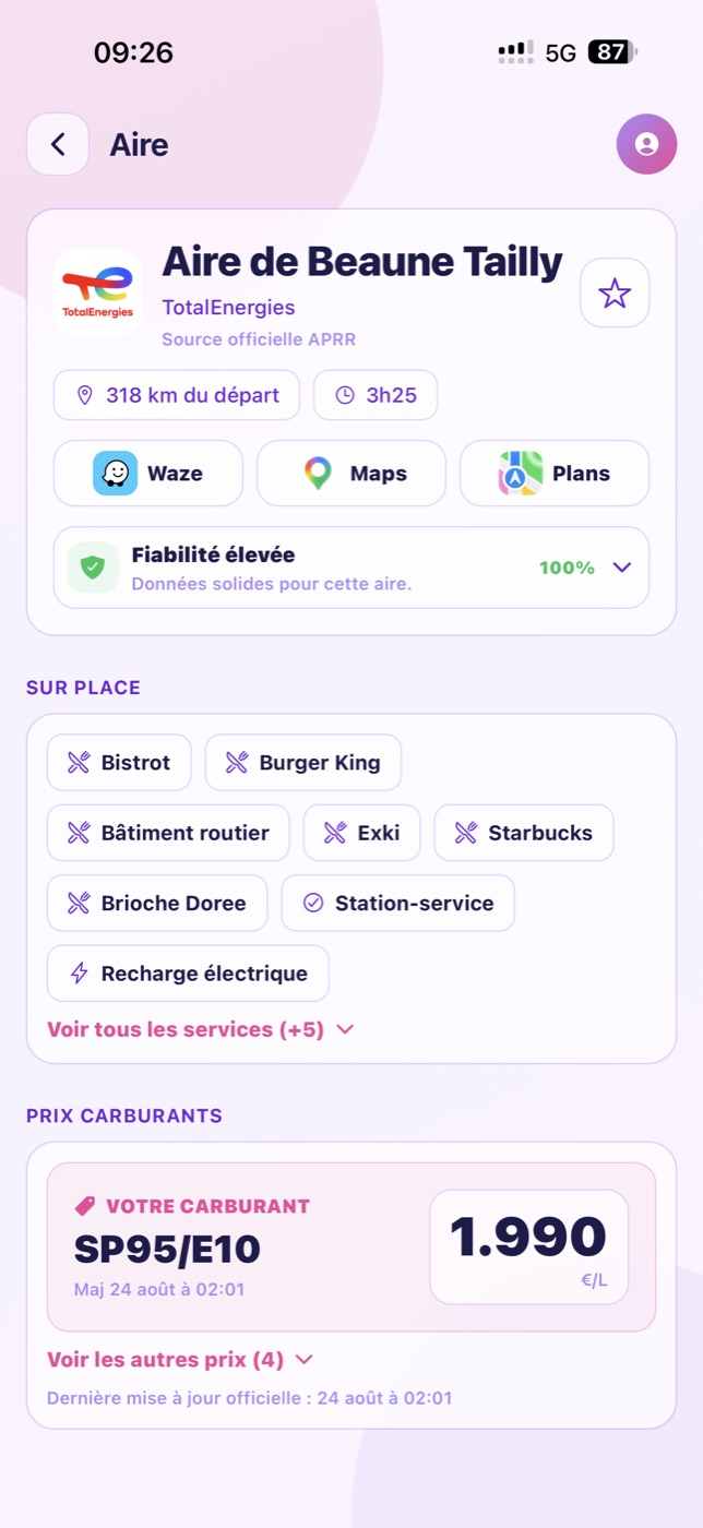 Détail d’une aire dans RouteStop