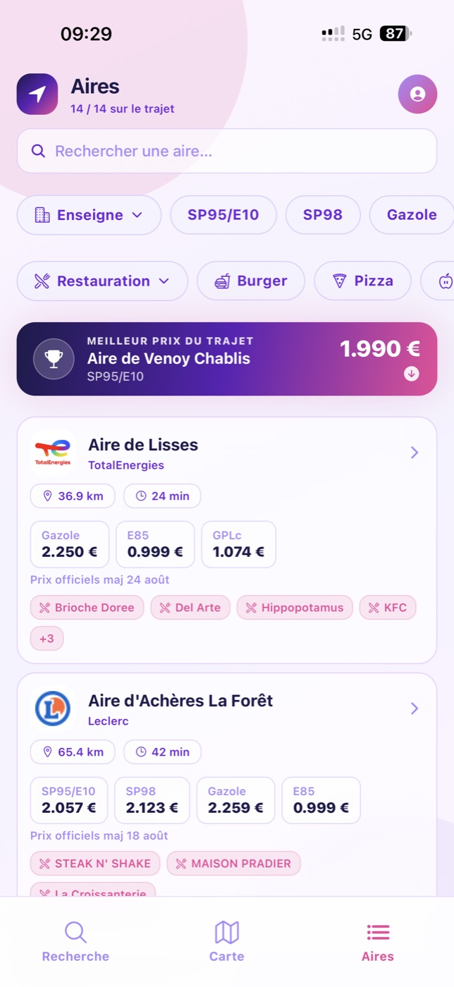 Liste RouteStop comparant prix et services