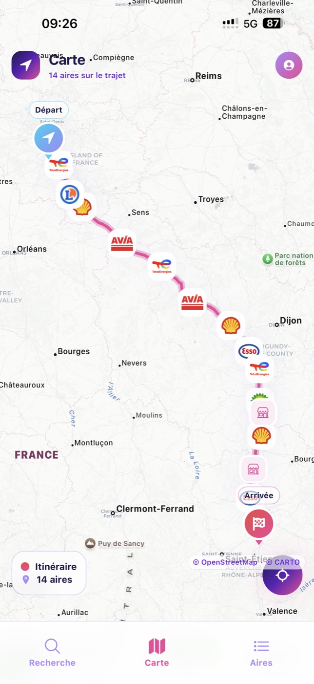 Carte RouteStop montrant les aires sur un trajet