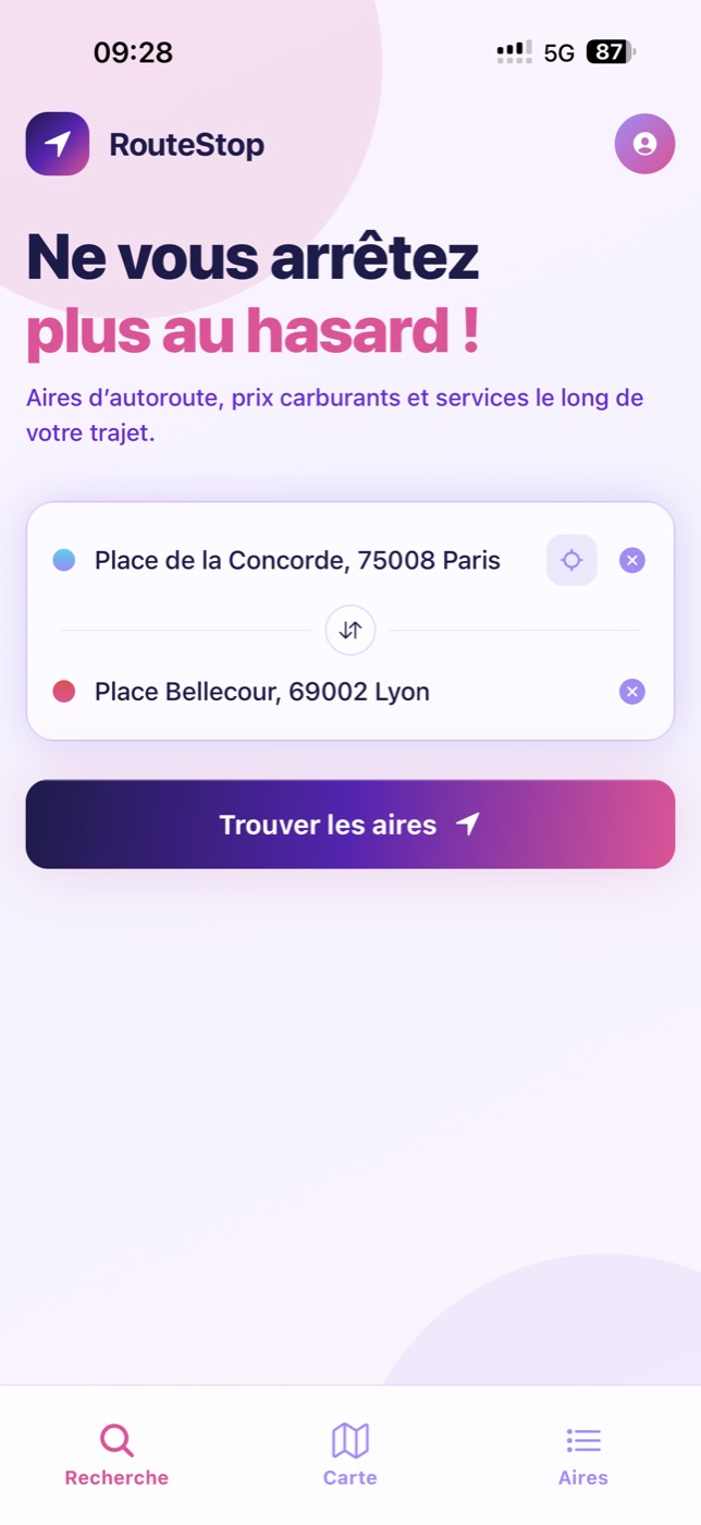 Écran de recherche RouteStop